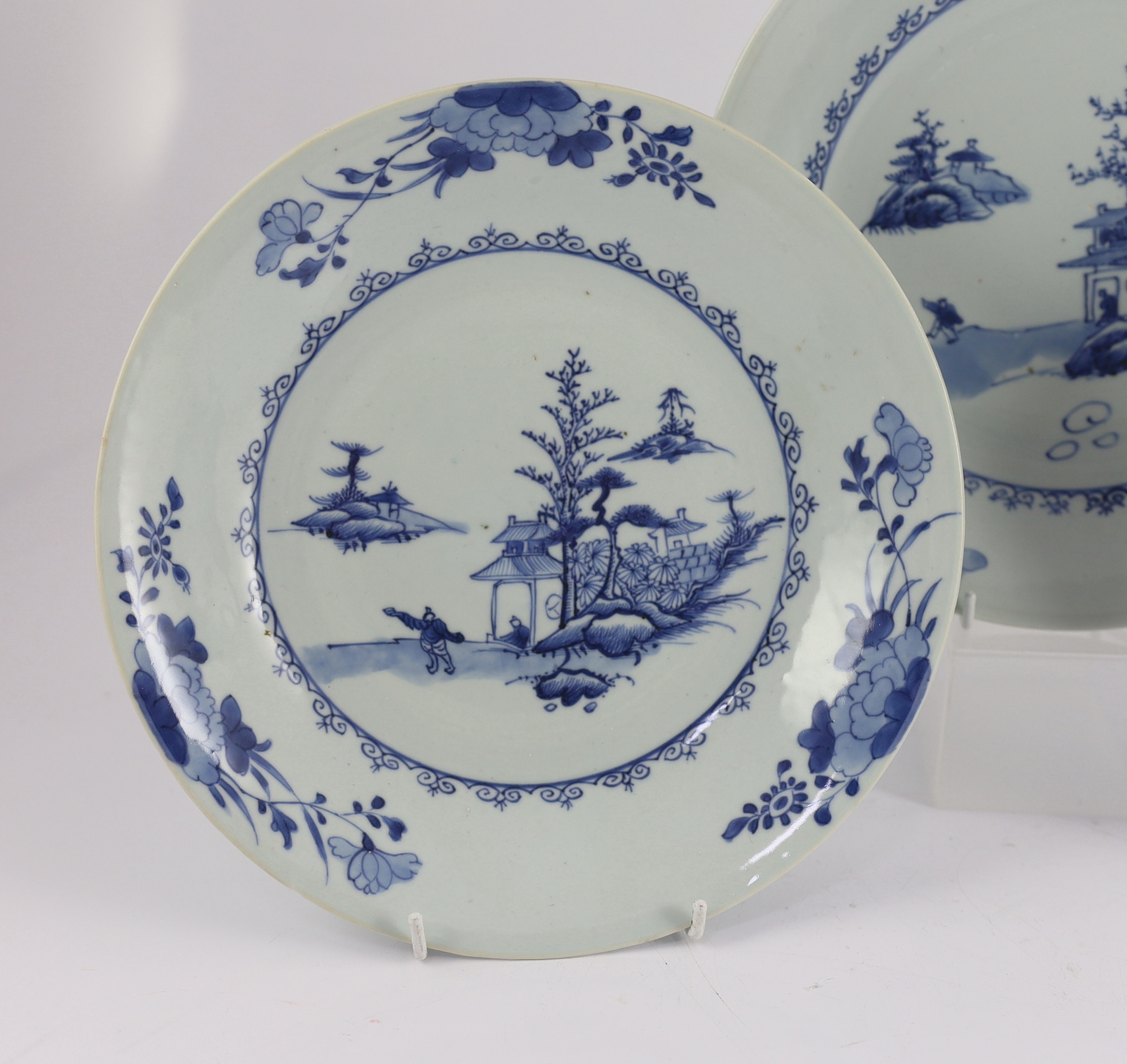 Three Chinese blue and white ‘Leaping Boy’ middle size dishes, Nanking Cargo, c.1750